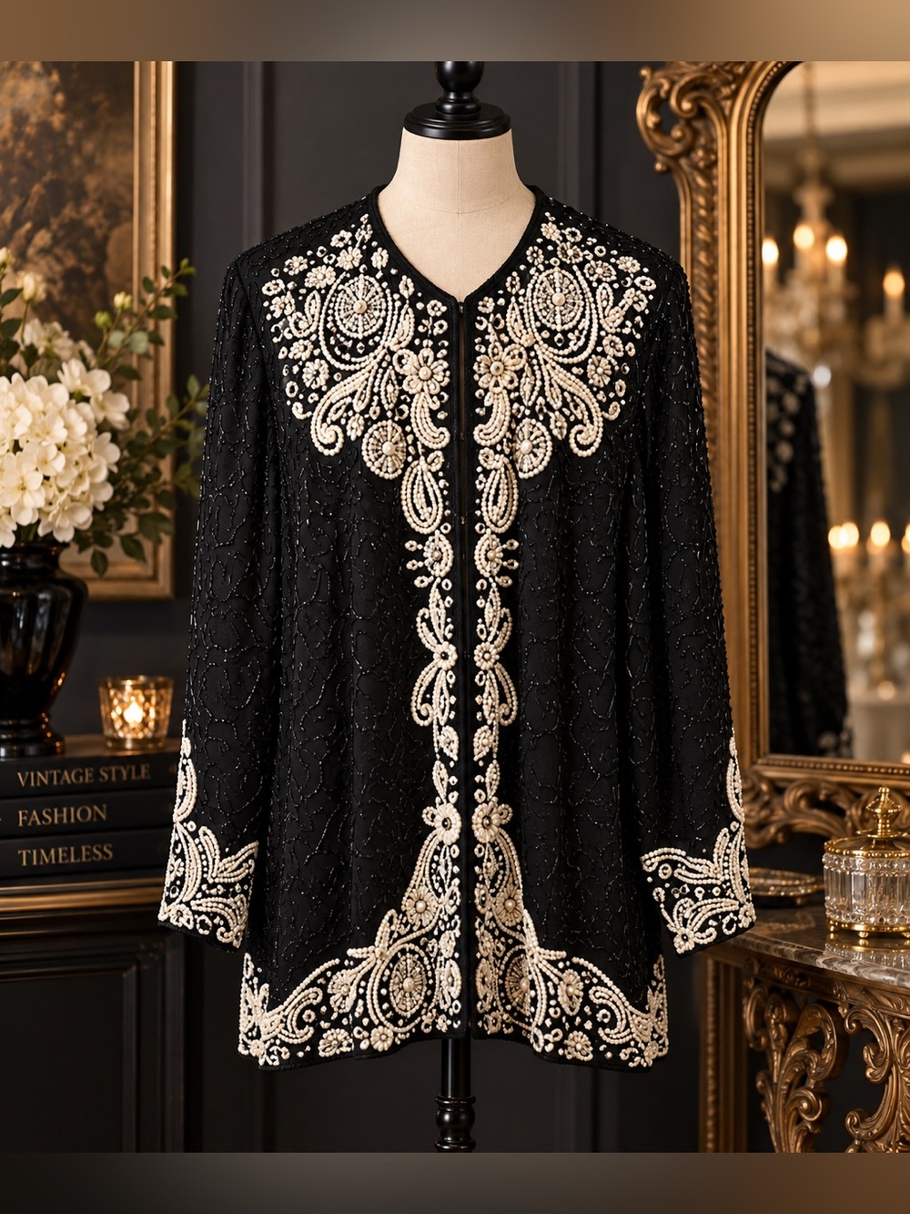 Vintage Black Pearl Beaded Evening Jacket XL Longline